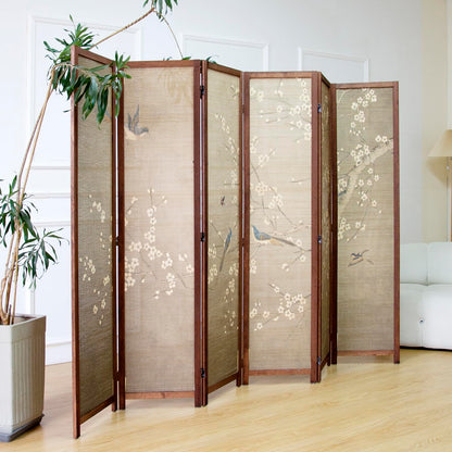 Furnnylane 6 Panel Bamboo Room Divider for Room Separation, 5.6 ft Tall Double-Sided Folding Privacy Screen with Premium Thickened Wood Frame, White Plum and Birds (67" H x 94.5" W)