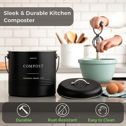 D'Lifeful Kitchen Compost Bin – 1.3 Gallon Countertop Farmhouse Compost Container with Lid – Odorless Indoor Food Scrap Pail with 6 Charcoal Filters – Eco-Conscious and Easy to Clean (Black)
