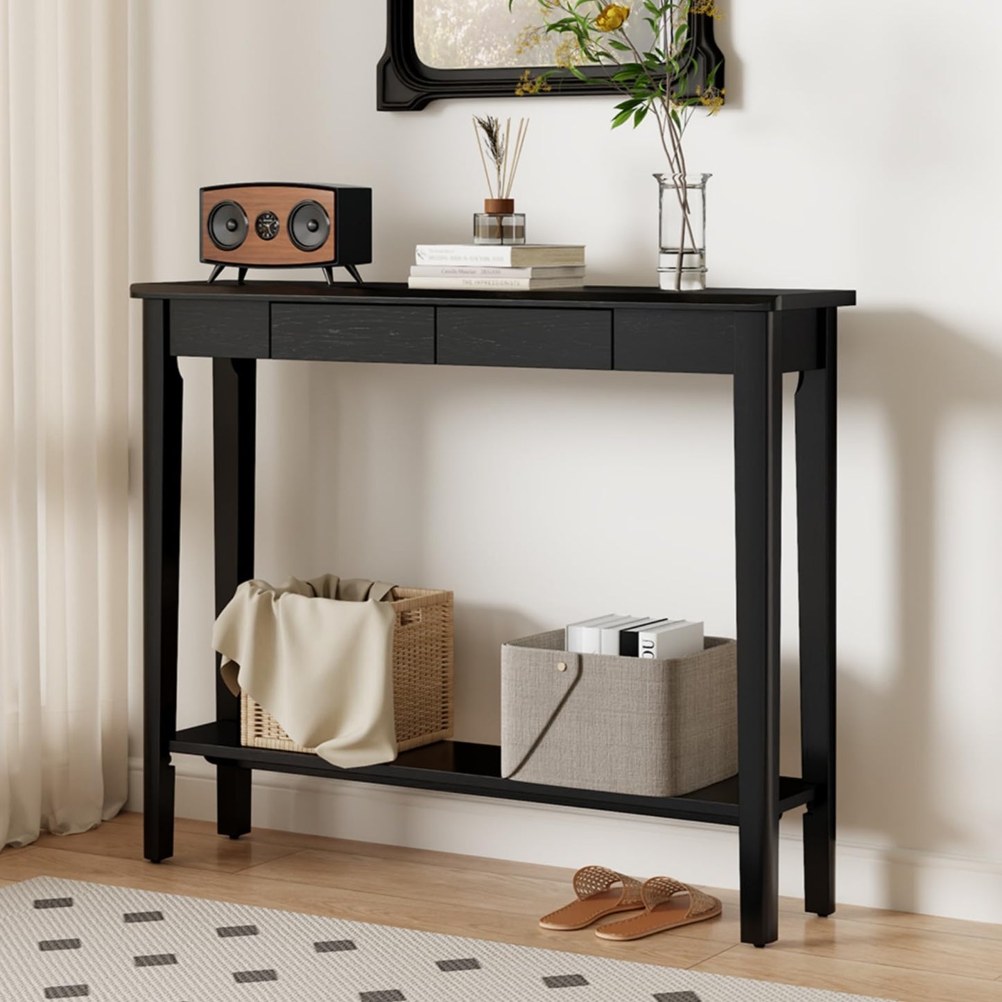 AQIMUELE Wood Console Table with Drawers, Mid Century Modern Console Table Black for Entryway, Living Room, Hall Way.