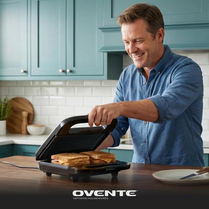 OVENTE Electric Panini Press Grill with Nonstick Plates, LED Indicator Lights, Thermostat Control, Cool Touch Handle, Compact Sandwich Maker Perfect for Cooking Breakfast, Snacks & More, Black GP0401B