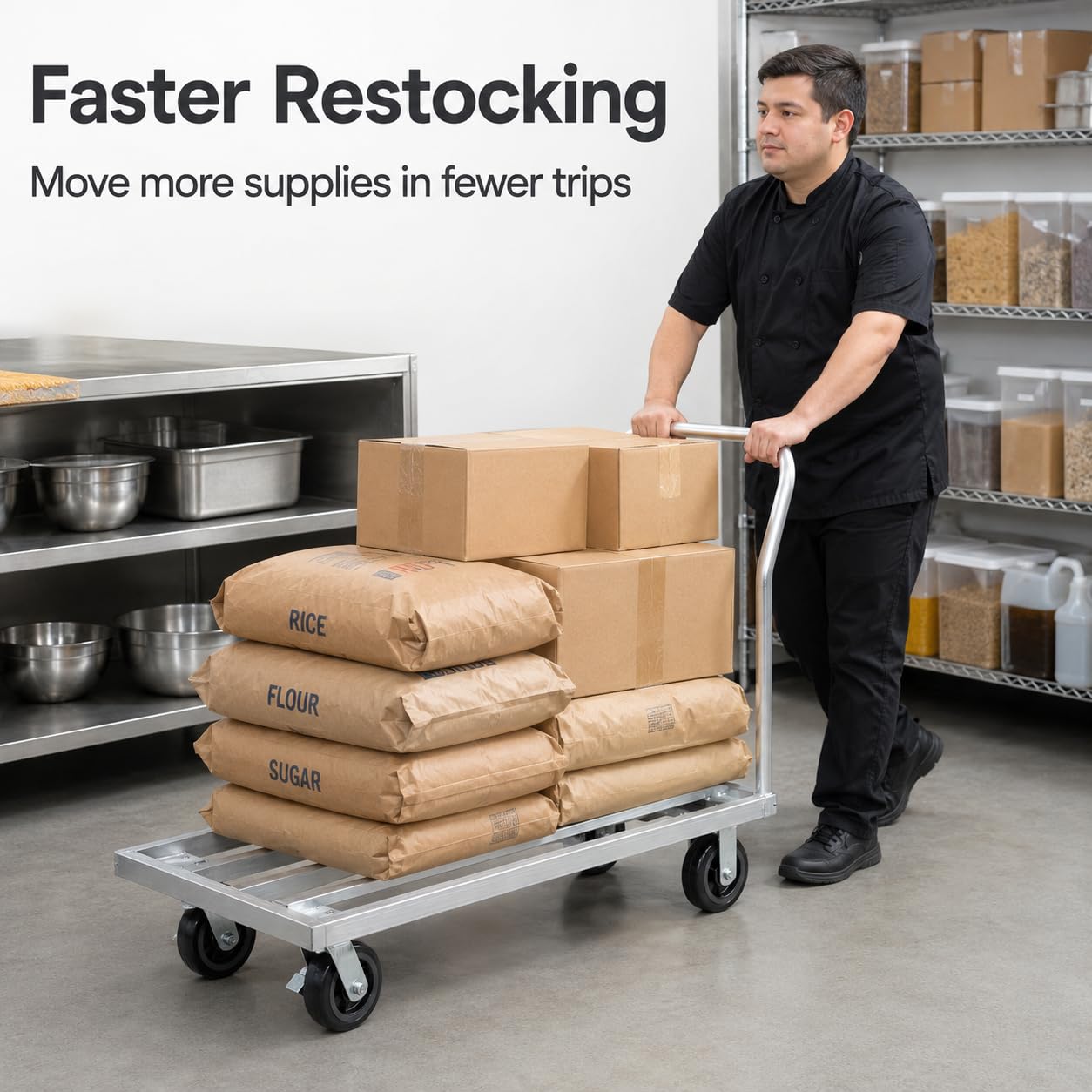 20" x 48" Mobile Aluminum Dunnage Rack with Handle, 1600 lb Capacity Heavy Duty Platform Cart with Casters, Rolling Storage Rack for Commercial Kitchen, Restaurant, Warehouse, Pantry and Bulk Supplies