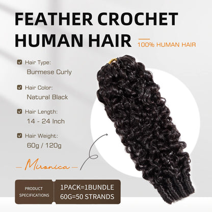 Burmese Curly Human Hair Crochet Bundles 20 Inch 60g Knotless Pre-Separated Feather Crochet Human Hair 3c4a Water Curly Hair Reusable Hair Extensions for Women Natural Black Color (1B-60G, 20 Inch)