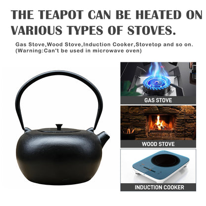 SECHUDO 67.6oz Cast Iron Teapot for Stovetop Safe, Black Chinese Tea Kettle with Stainless Steel Infuser for Loose Leaf, Heavy and Large Tea Pot for Induction Cooker, Teapot Enameled Interior