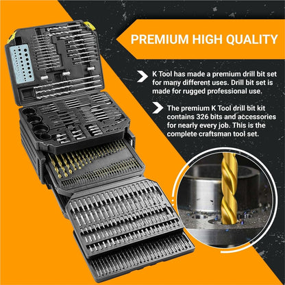 K Tool International 10330 Drill Bit and Accessory Set, 326 Piece Bit Kit, Folding Storage Case, Portable Carry System, for Shop, Garage, and Jobsite Use, Metal, Wood, and Plastic