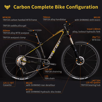TRIFOX Carbon Fiber Mountain Bike with Shimano M6100 Deore Groupset 12-Speed,Carbon Fiber Frame,Hydraulic Fork 130mm Travel,29er Mountain Bike for Adult 17/19 inch (Obsidian Gold, 29er * 17 inch)
