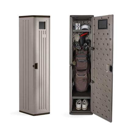 Suncast Garage and Golf Storage Organizer – Golf Rack and Bag Storage, Hall Tree with Shoe Cubby, Heavy-Duty Resin Locker Cabinet with Adjustable Shelves, Lockable, for Golf Equipment, Made in the USA
