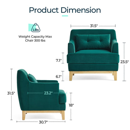 LINSY Accent Lounge Chair, Large Velvet Reading Chair with Wood Base and Lumbar Pillow, Mid Century Modern Armchair Cozy Single Sofa for Reading Room Living Room Bedroom Apartment Office, Green