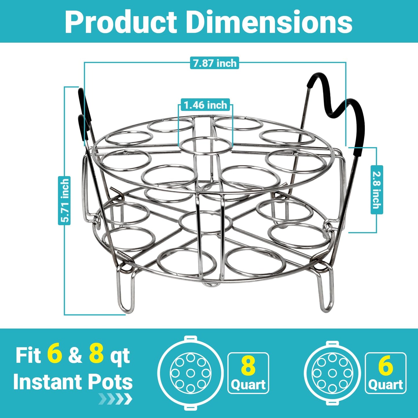 Stackable Egg Steamer Rack Compatible with Instant Pot 6qt & 8qt - 304 Stainless Steel Trivet with Heat-Resistant Handles, Holds 18 Eggs for Pressure Cooker & Pot, Multi-functional Cooling Rack
