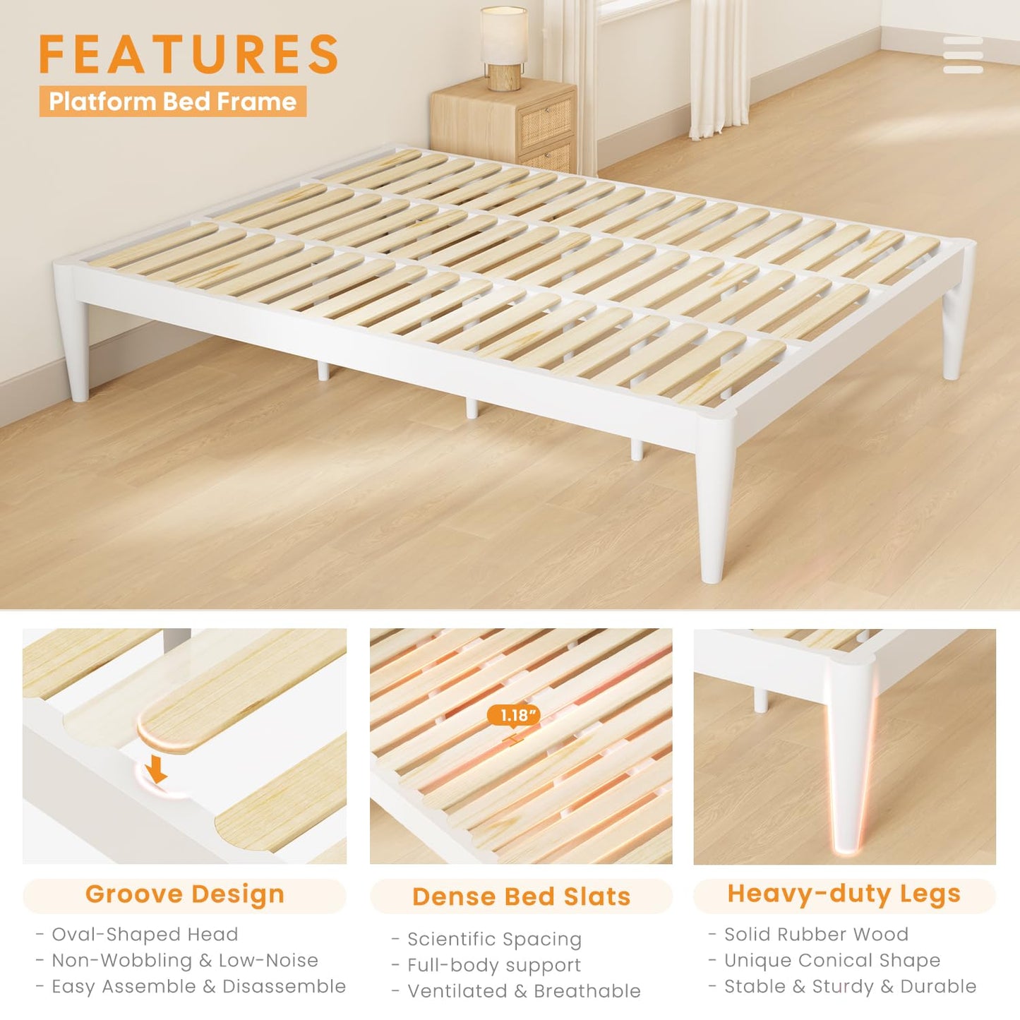 IOTXY Twin Platform Bed Frame - Solid Wood 16-Inch Height Mattress Foundation Base with Densely Slats and Heavy-Duty Support Legs, No Box Spring Needed, White