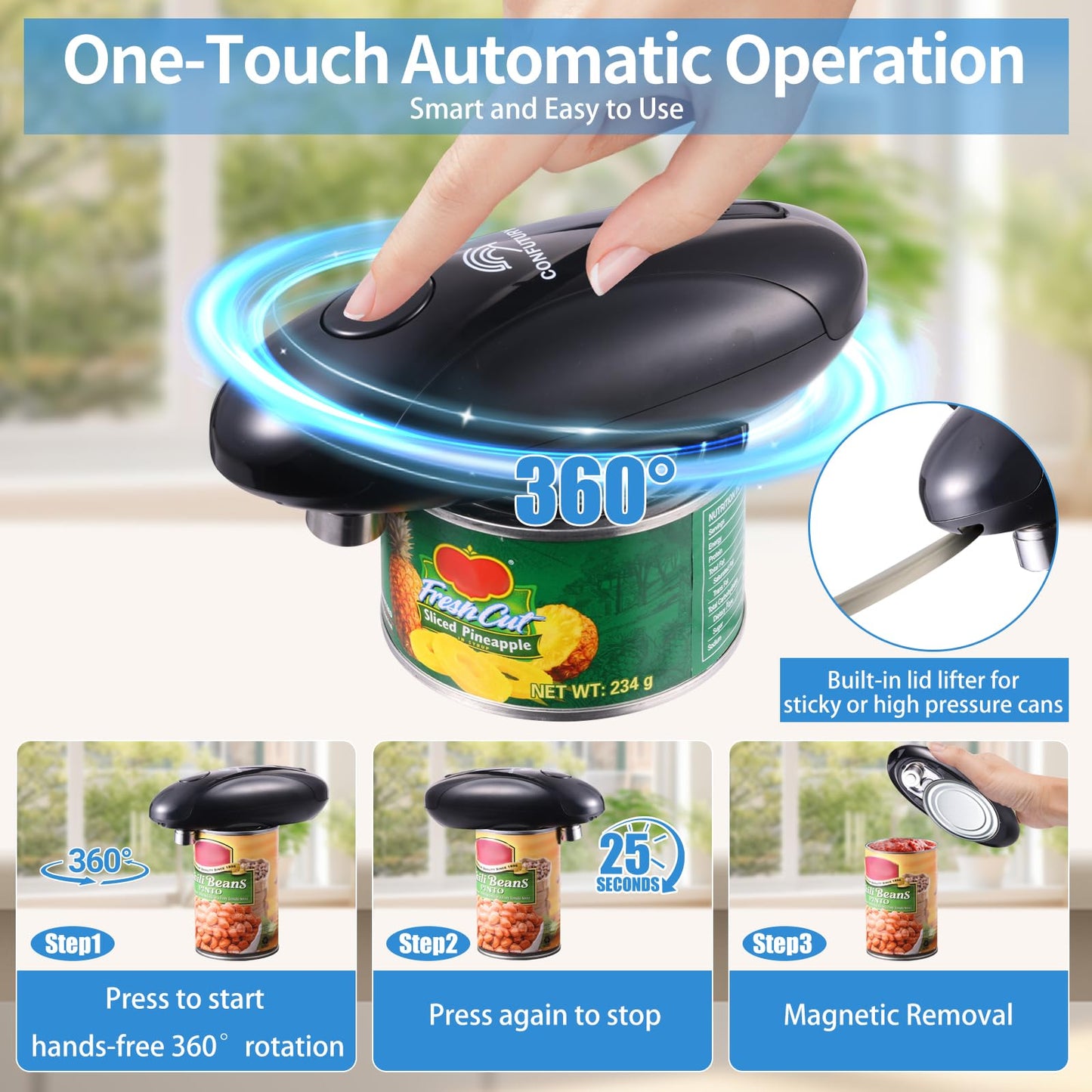 Can Opener Electric - Upgraded One-Touch Automatic, Smooth Edge, USB-C Rechargeable, Perfect for Seniors (Black)