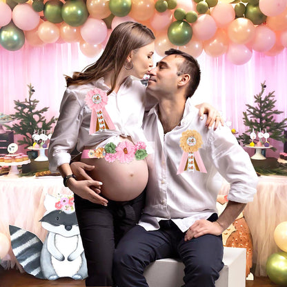 JOYMEMO Pink Woodland Animal Baby Shower Maternity Sash Kit - Woodland Theme Baby Shower Belly Belt and Mom to Be & Dad to Be Corsage Pins, Pregnancy New Parents Photo Props Party Supplies