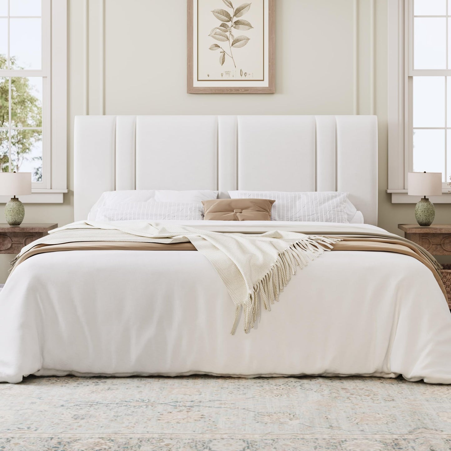 SHA CERLIN King Size Platform Bed Frame, Velvet Upholstered Bed with Adjustable Headboard, Vertical Channel Tufted Design, Sturdy Wood Slat Support, No Box Spring Needed, Easy Assembly, White