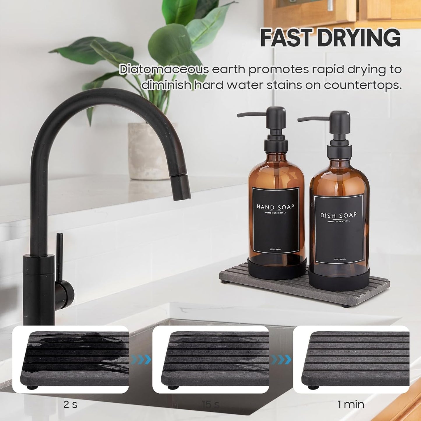 NEECZS Set Holder,16 Oz Set,Stainless Kitchen Soap Dispenser with Instant Dry Tray & Sponge Hand and Dish Soap Amber