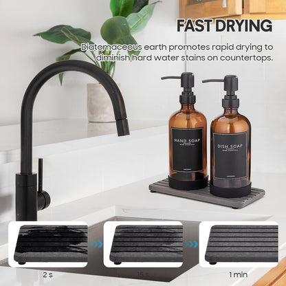 NEECZS Set Holder,16 Oz Set,Stainless Kitchen Soap Dispenser with Instant Dry Tray & Sponge Hand and Dish Soap Amber