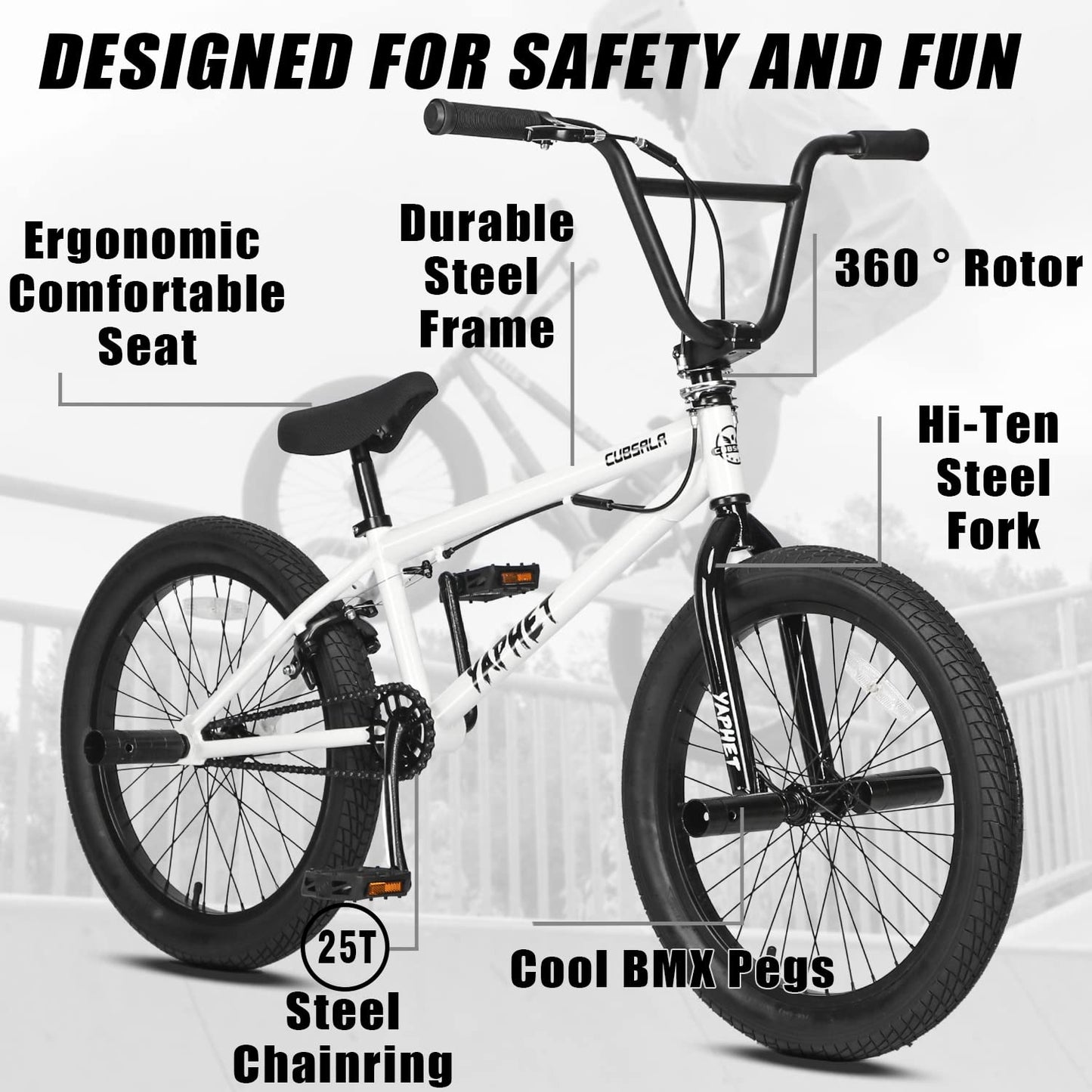 cubsala Freestyle BMX Bike, 20 Inch Yaphet Bicycle for Teen Beginner Adult Riders, Bike with 360° Rotating Handlebar and 4 pegs, Whtie