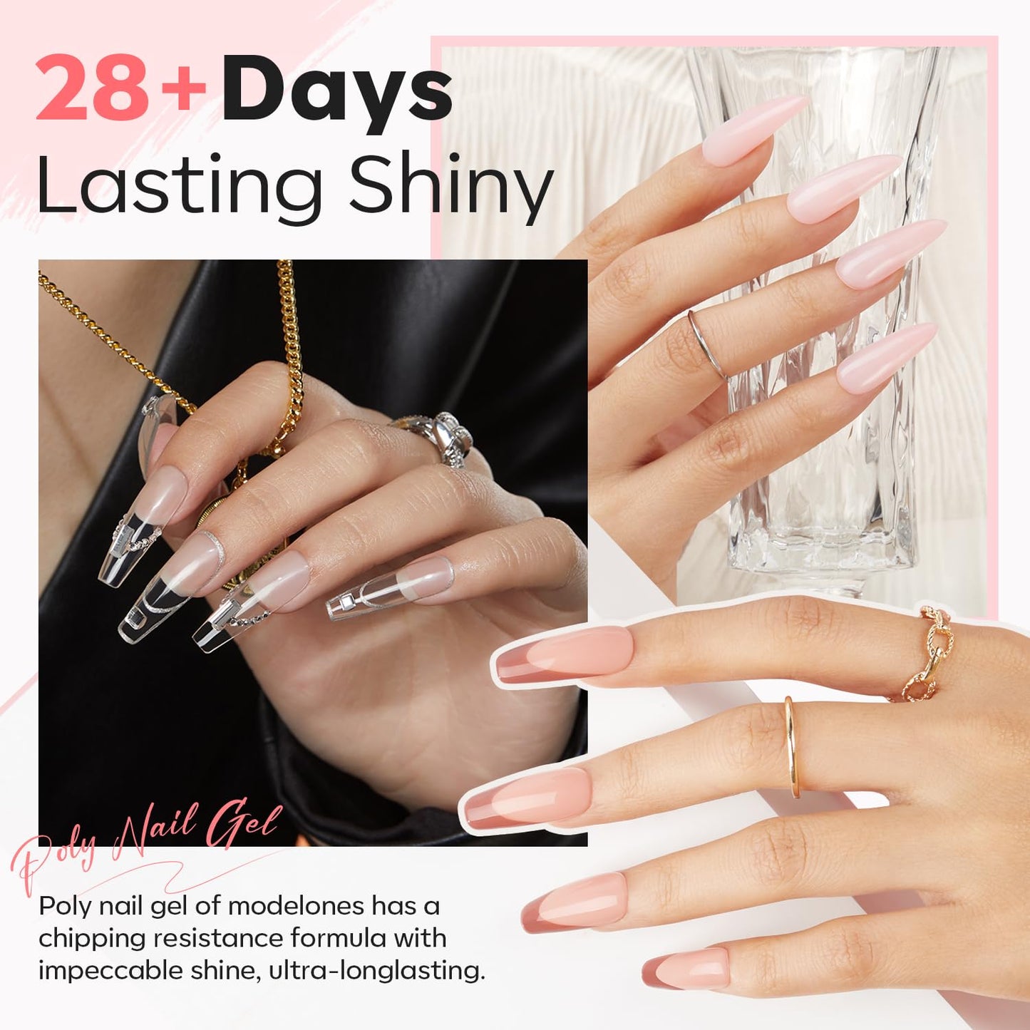 Modelones Poly Nail Gel Kit, 6 Colors Poly Extension Gel Clear Pink White with 48W U V/LED Lamp 3D Nail Charms Builder Slip Solution Complete Toe Manicure Supplies Tools for Starter