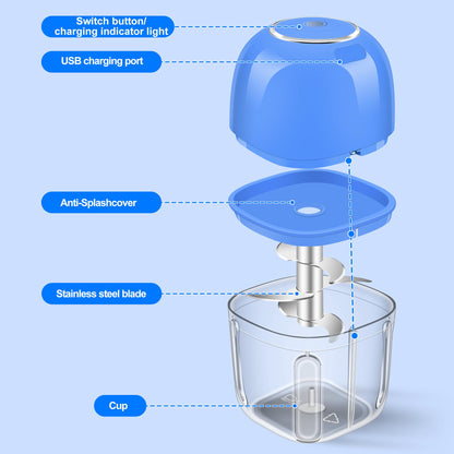 Electric Garlic Chopper, 350ML (1.4 Cup) Blue Mini Food Processor, Mini Chopper, Small Garlic Grinder Mincer for Onion, Ginger, Chili, Fruit, Meat
