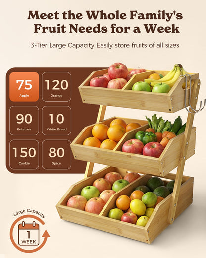 Sevenblue 3 Tier Large Bamboo Fruit Basket for Kitchen Counter with 2 Banana Holders, Kitchen Countertop Organizer with Protective Mats, Tiered Fruit Bowl for Bread Snack Veggies with Dividers