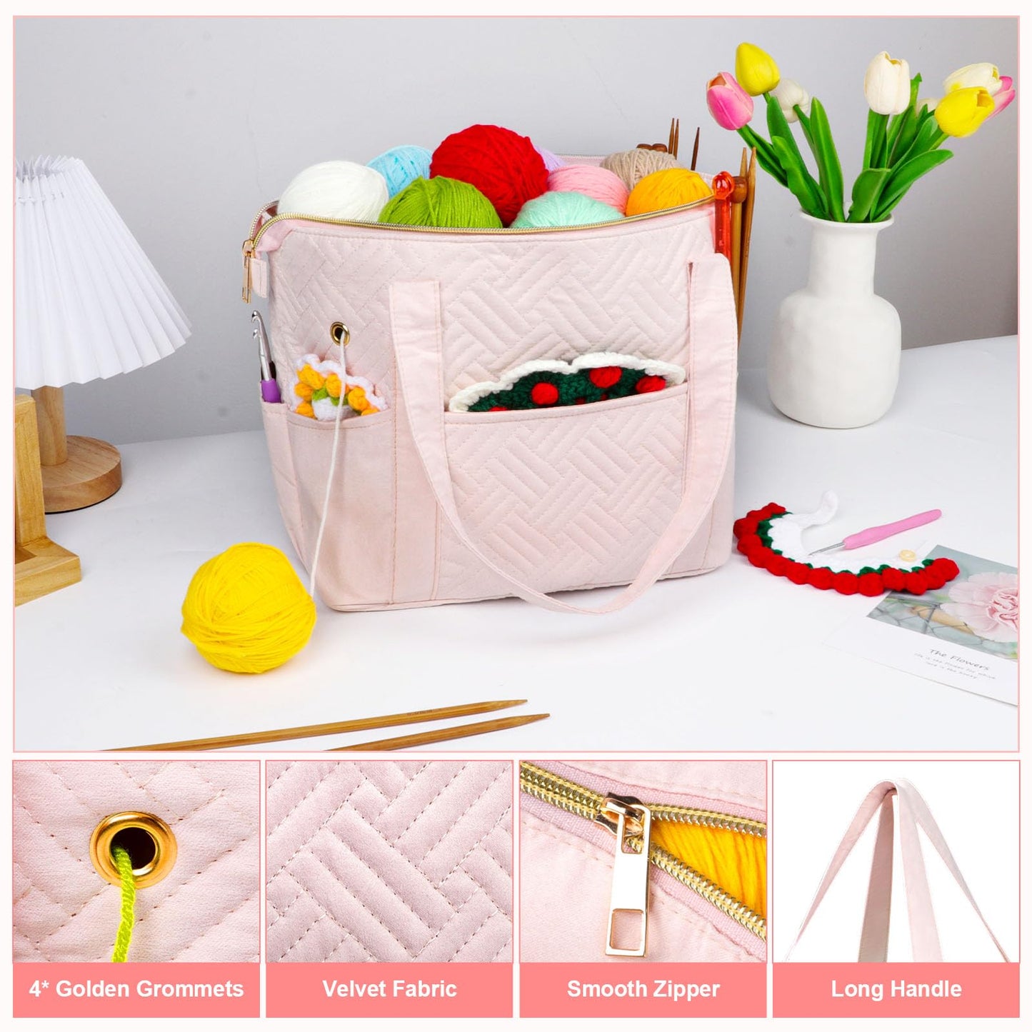 Veirdro Crochet Bag Organizer for Yarn Storage, Velvet Knitting Tote Bag with Double Handle for Crochet Accessories, Portable Travel Case for Yarn Balls, Crochet Hooks& Knitting Needles Holder (Pink)