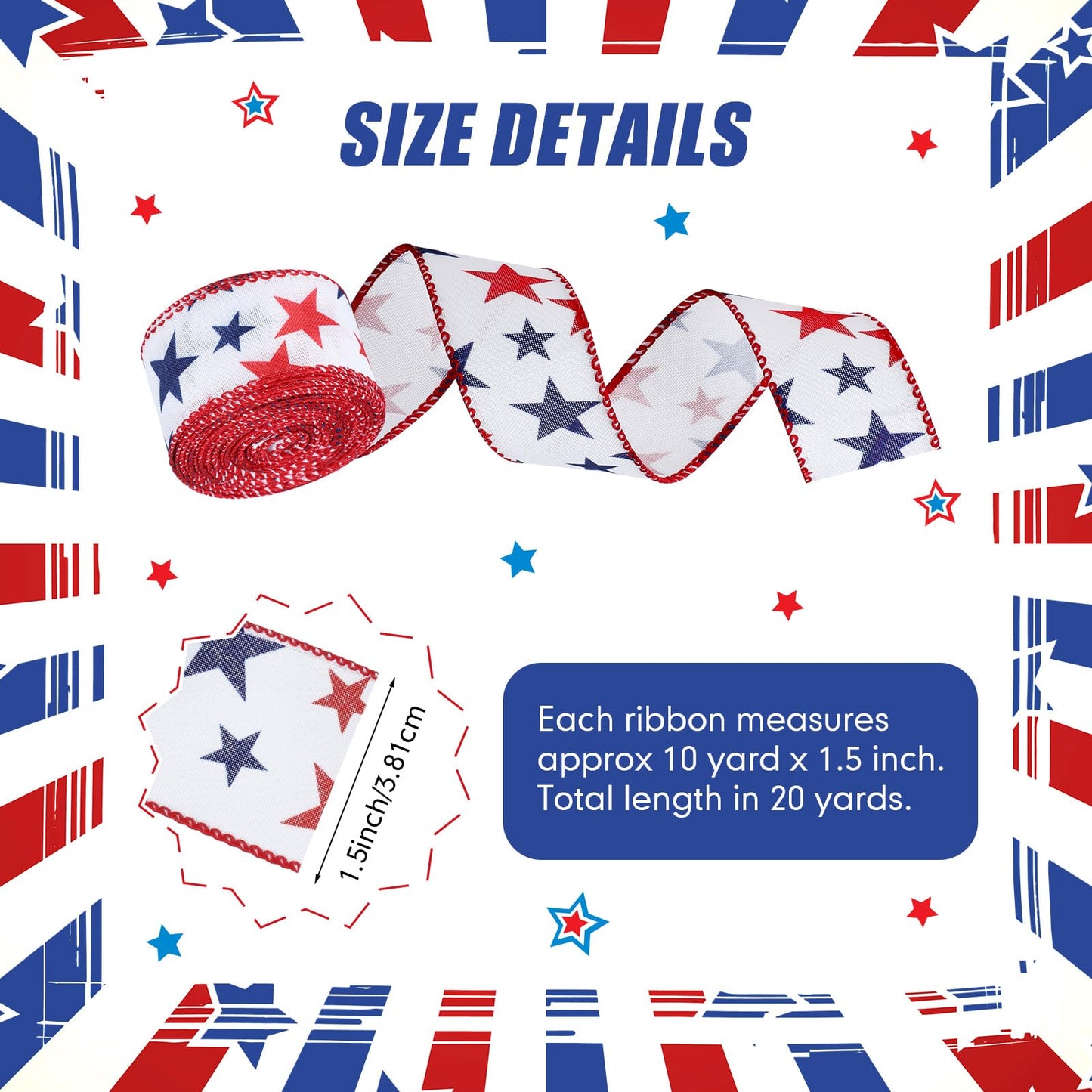 XunYee 2 Rolls Patriotic Ribbons 20 Yards American Red White and Blue Ribbon 4th of July Memorial Day Star USA Fabric Ribbon for Patriot Labor Party Bow Wreath Making DIY Crafts(1.5 Inch)