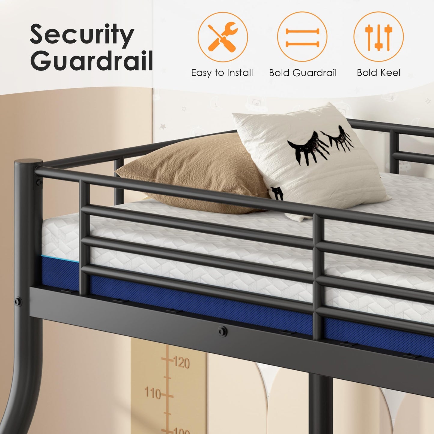 soges Twin Over Full Metal Bunk Bed Set with 6" Mattresses Included, All-in-One Bunk Bed for Adults, Heavy Duty Bunk Beds with Ladder & Guardrail, with Two Memory Foam Mattresses, Black