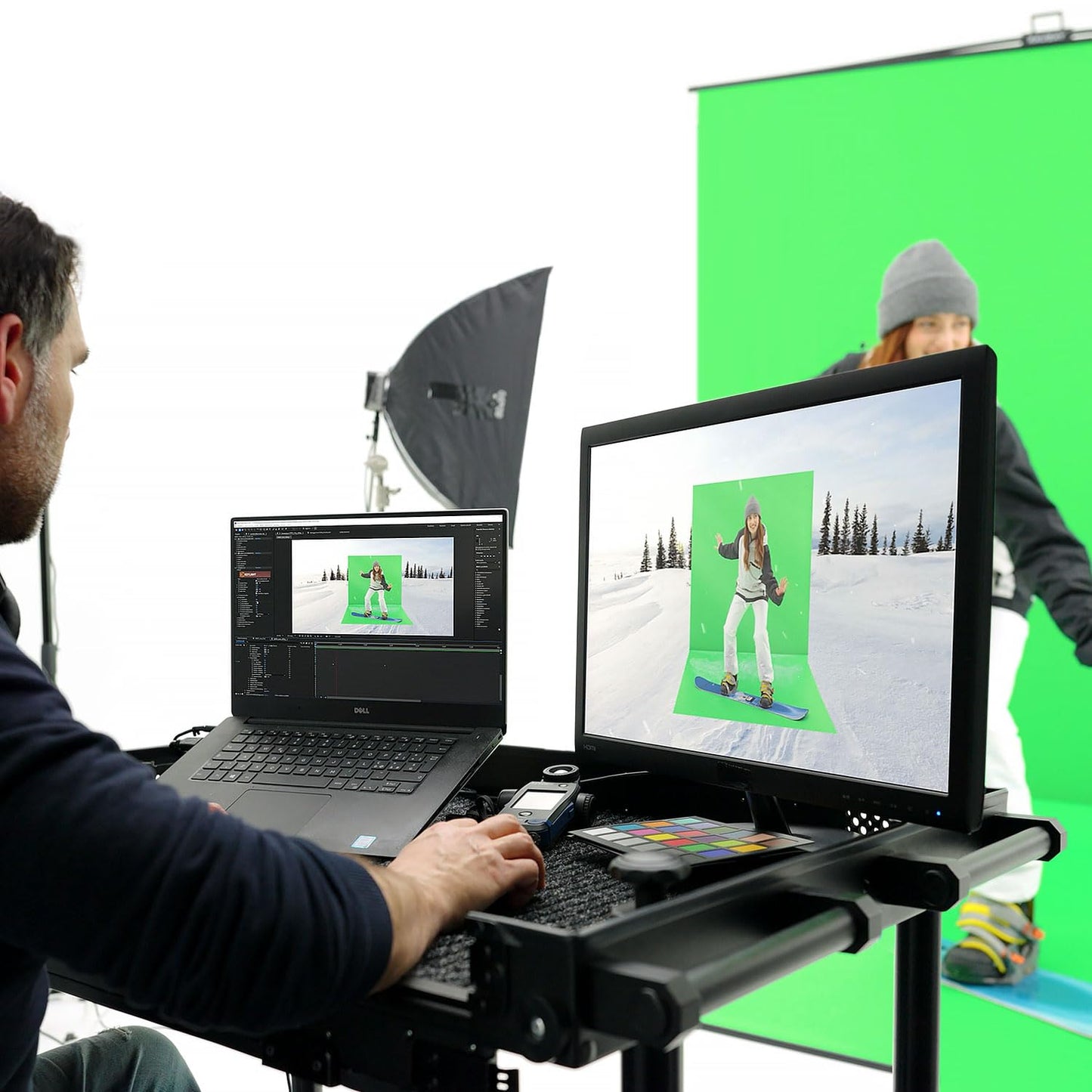 RAUBAY Collapsible Green Screen - FloorFlex Backdrop with Floor Extension 7x7x7 ft - Portable Retractable Chroma Key Background with Stand for Video Conference, Streaming, Photo Studio CGS2100 - FX
