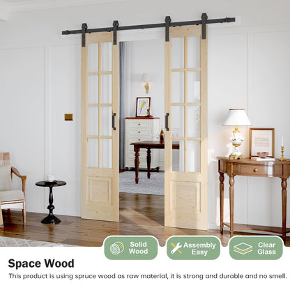 Roymelo Preassembled 36x84 (Double 18x84) Inch Clear Glass French Interior Door with 6.6Ft Barn Door Hardware Kit Included, Spruce Wood Support DIY Dyeing, Easy Assembly