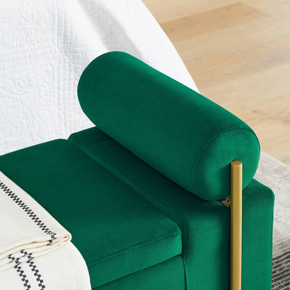 KEIKI Linen Ottoman Bench with Storage & Cylindrical Armrest, Upholstered Seating Foot Rest Stool Furniture for Bedroom, Living Room, Entryway, Green