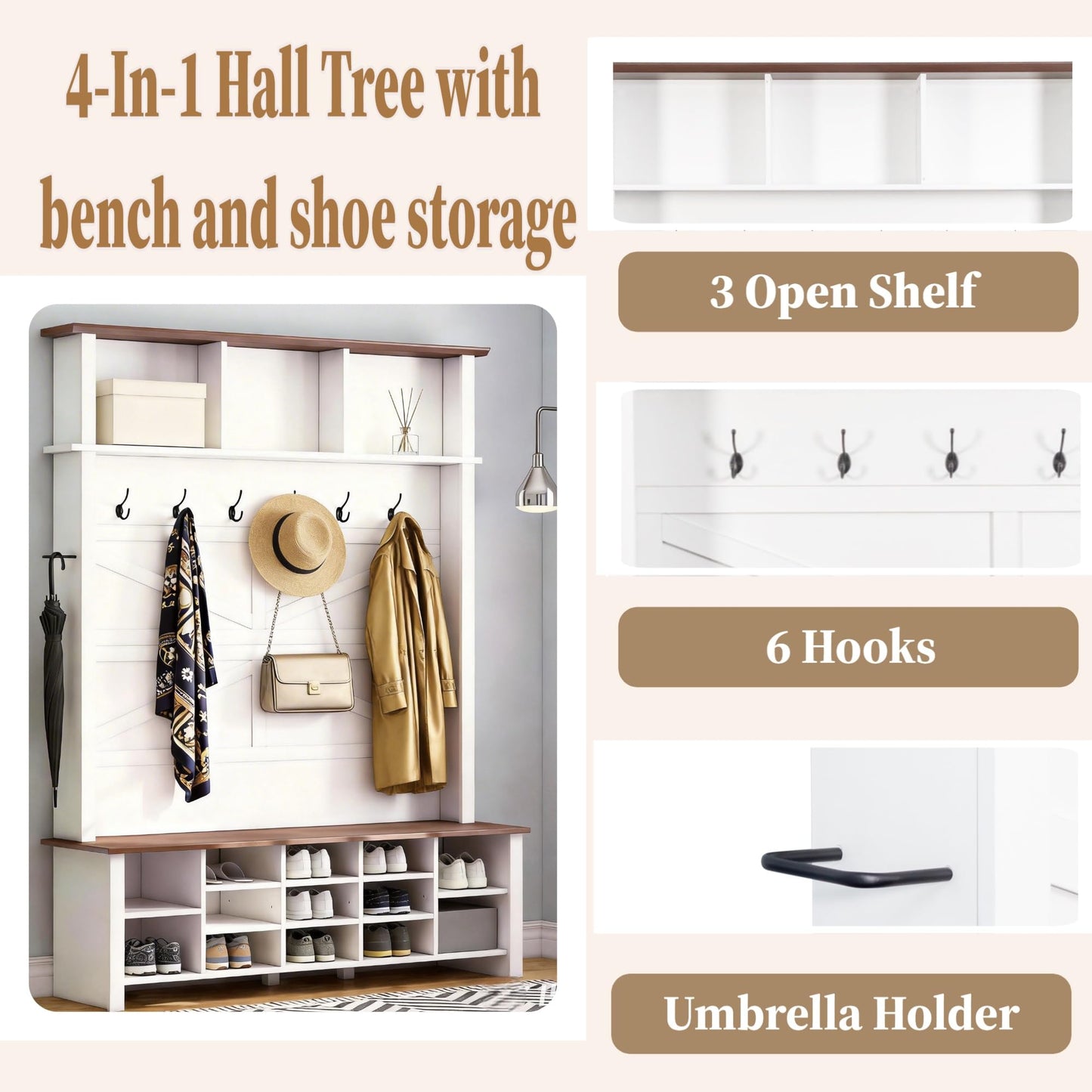 Farmhouse Hall Tree with Bench and Shoe Storage, 4-in-1 Entryway Coat Rack with 6 Hooks, 16-Cube Open Shelves & Adjustable Shelf, Wooden Entry Way Bench with Shoe Storage for Mudroom, Living Room