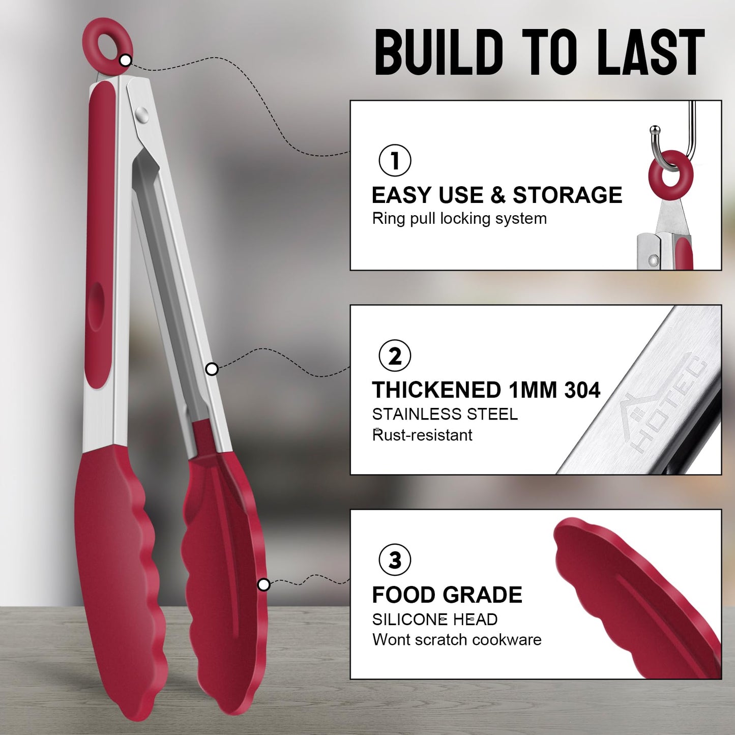 HOTEC Premium Stainless Steel Locking Kitchen Tongs with Silicon Tips, Set of 3-7", 9" and 12" (Red)