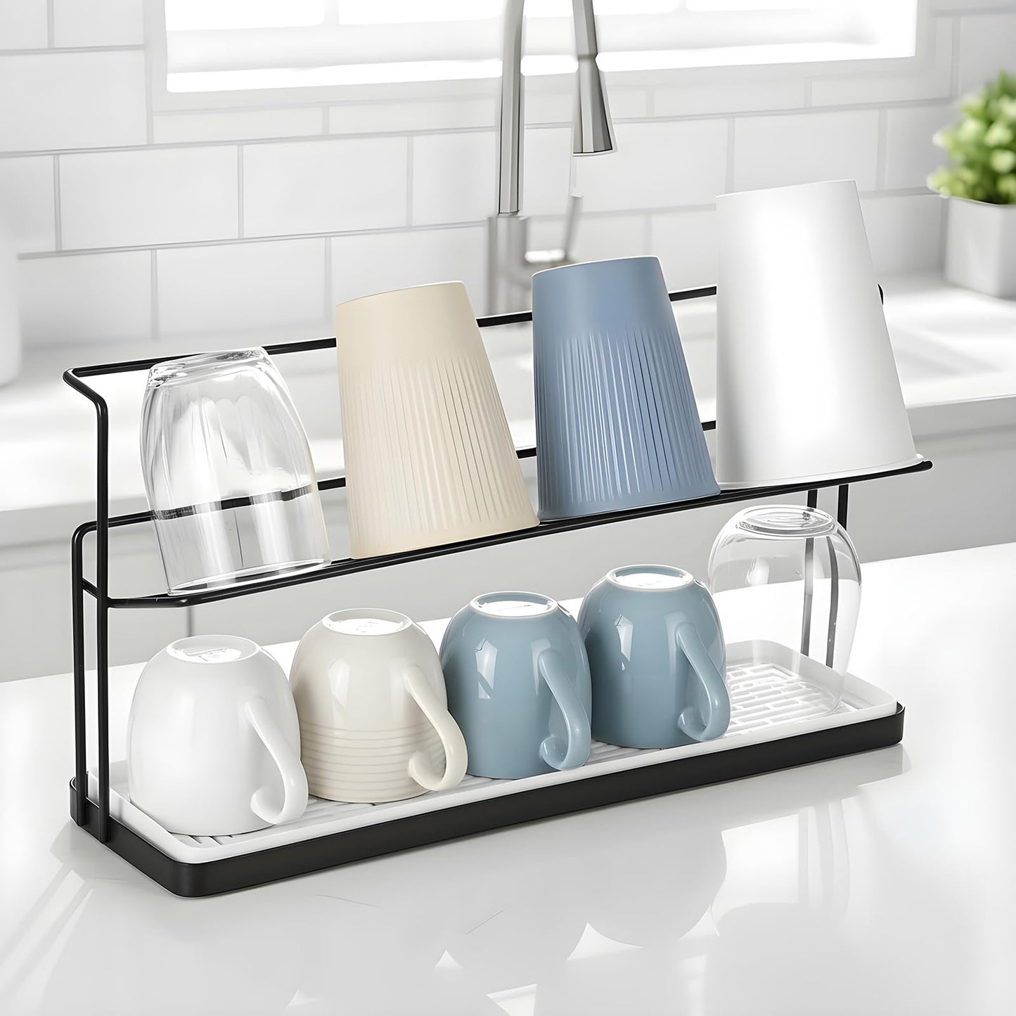 2-Tier Bottle Drying Rack Cup Cradle Storage with Drain Removable Tray Mug Organizer, Over Sink Instant Dry Small Dish Dryer for Kitchen Countertop Water Bottles and Tumblers,Coffee Mugs, Glasses,