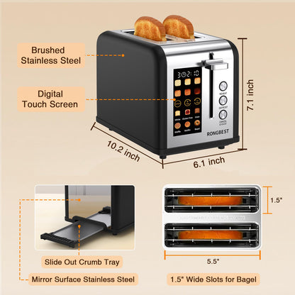 2 Slice Touch Screen Toaster Stainless Steel with Wide Slots, Even Toasting for Bagels & Bread, Defrost & Reheat, Easy Removable Crumb Tray, Matt Black