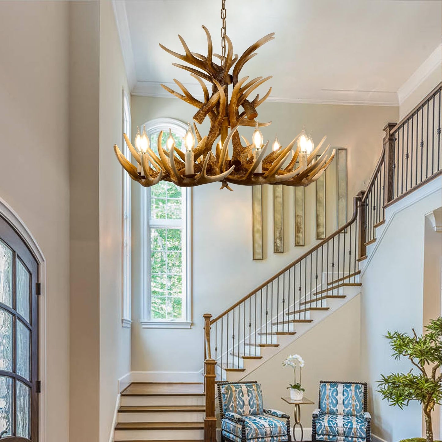 Fayelight Deer Antler Chandelier Lighting,Large Deer Rustic Farmhouse Chandelier Light Fixtures for Dining Room Living Room Kitchen Island Bedroom Entryway Foyer (9 Lamp Arms + 6 Arms)