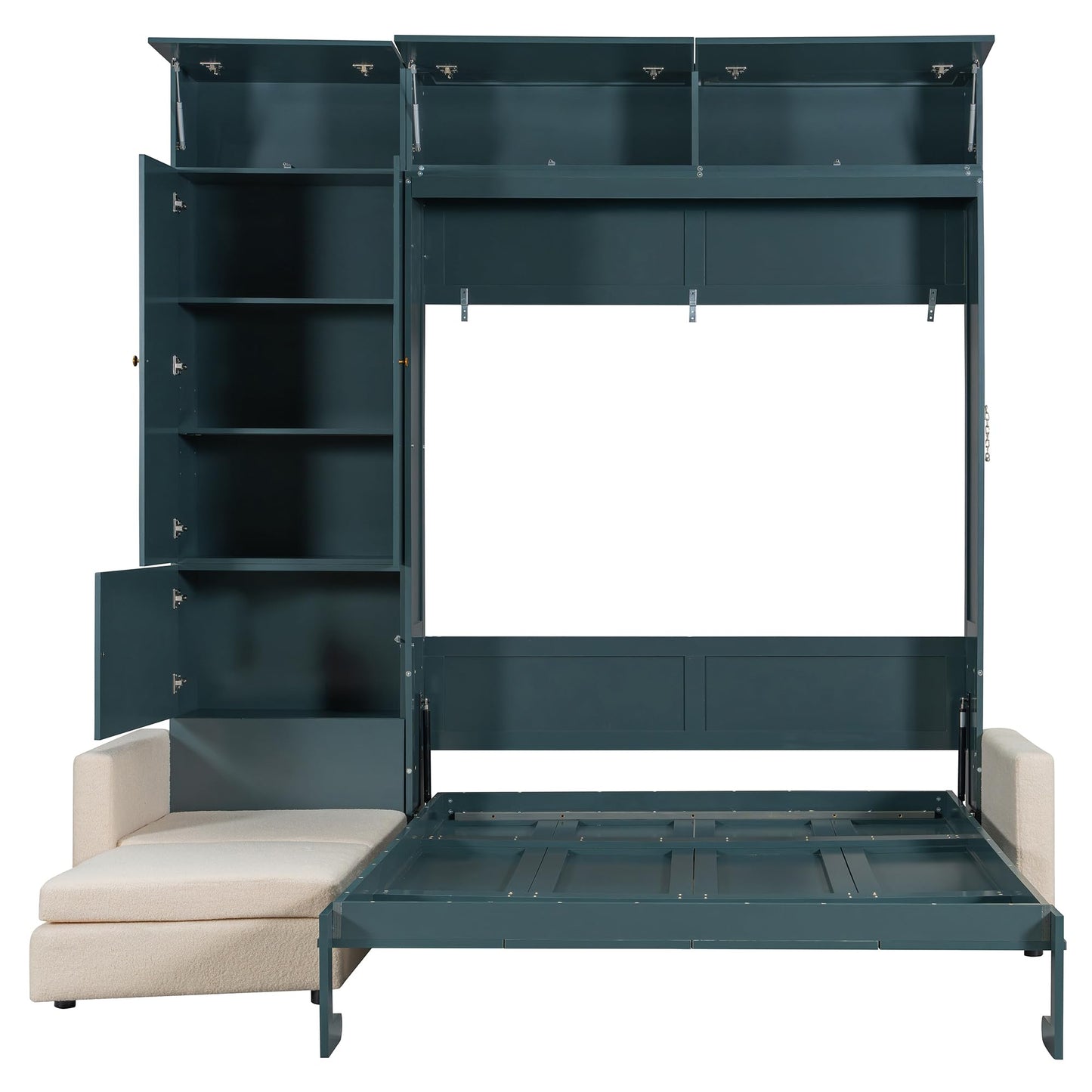 DNYN Queen Size Murphy Bed with Cabinet and Sofa Design for Bedroom/Guest Room, Space-Saving Foldable Wall Bed Frame with Multi-Layer Shelves, No Box Spring Needed