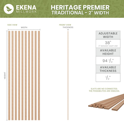Ekena Millwork Heritage Premier Traditional Stain Grade Solid Hardwood Adjustable Slat Wall Kit w/ 2"W x 94 1/2"H Slats, Maple (Contains 10 Slats)