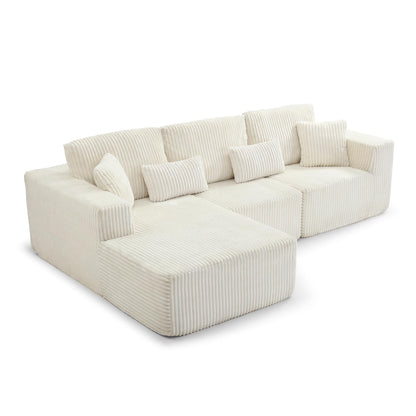 109" Modular L-Shaped Corner Cloud Sofa Corduroy Modular Couches with Deep Seat, 3 Pieces Compressed Boneless Sofa W/Right Chaise Lounge and 4 Pillows for Living Room