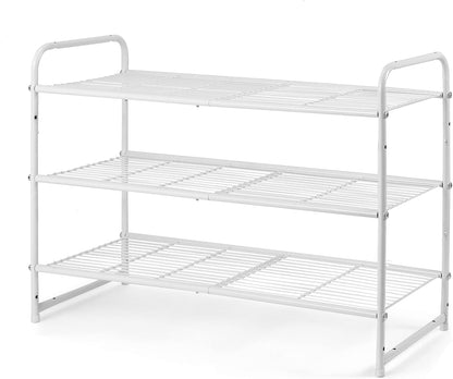 3-Tier Simple Trending Stackable Shoe Rack, Expandable & Adjustable Shoe Shelf Storage Organizer, Wire Grid, White