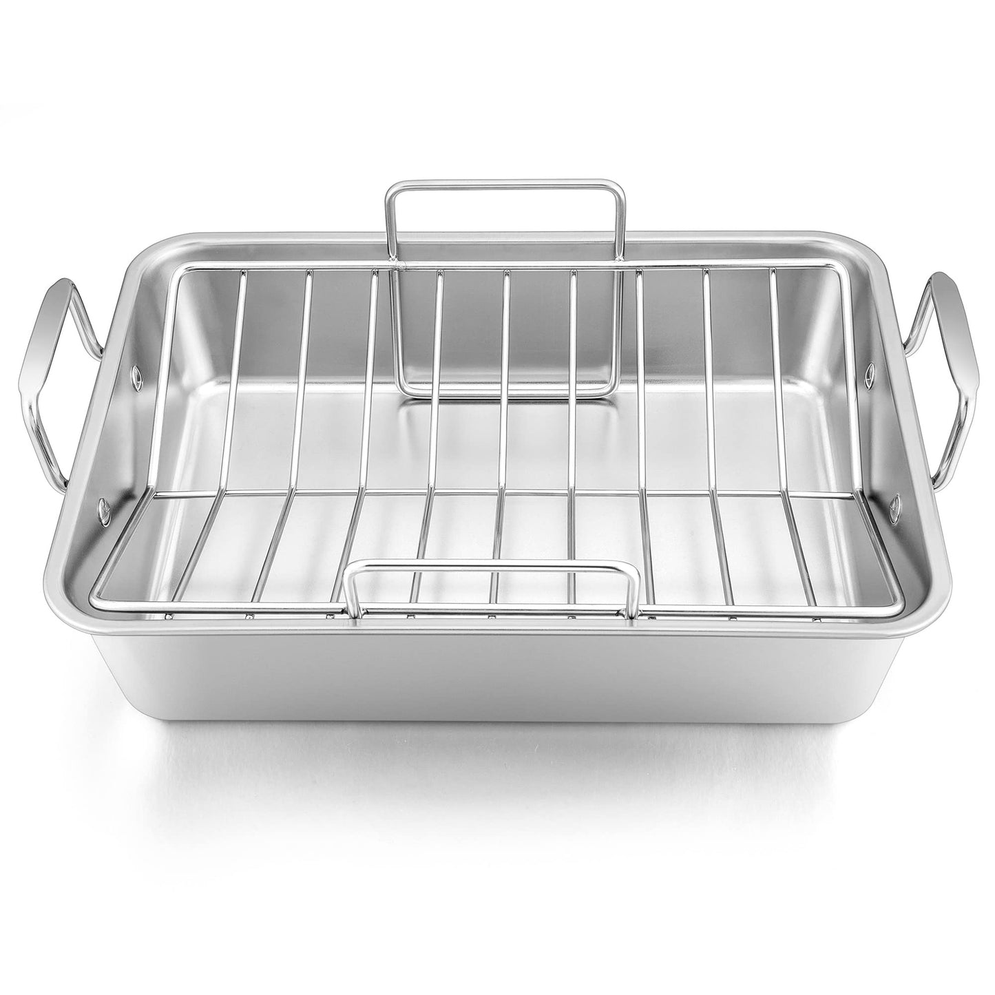 Leonyo Large Turkey Roasting Pan with V-shaped Rack, Rectangular 16 x 11.5 Inch Stainless Steel Turkey Roaster Pan with Rack Heavy Duty for Chicken Lasagna Vegetables Brownie, Dishwasher Safe, 2Pcs