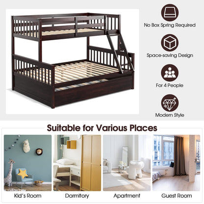 Giantex Twin Over Full Bunk Bed with Trundle, Convertible Platform Bed Frame with Ladder, Solid Wood Frame & Safety Guardrails, Space-Saving Bunk Bed for Teens & Kids, No Box Spring Needed, Espresso