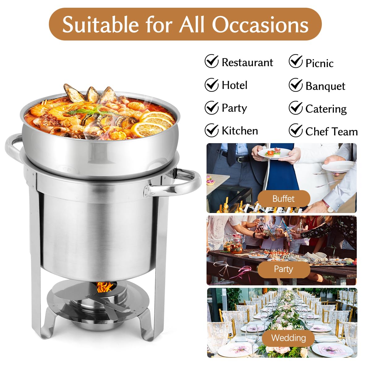 Snowtaros 7QT Soup Chafer, Stainless Steel Round Soup Warmer with Pot Lid & Fuel Holder, Commercial Soup Pot Chafing Dish for Catering, Parties, Banquets, Events (2 Pack)
