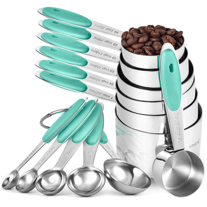 Measuring Cups and Spoons Set: U-Taste 18/8 Stainless Steel 12 Pieces Metal Stacking Kitchen Baking Cooking Food Measure Set 7 Cups 5 Spoons with Strengthened Weld Joints (Aqua Sky)