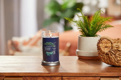 Yankee Candle Lakefront Lodge Signature Medium Pillar Candle - 14.25oz., Dark Blue - Soy Wax Blend, Metal Lid Coaster - Home & Kitchen Décor
