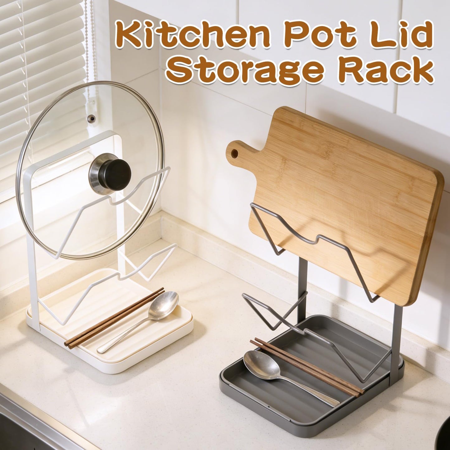 Kitchen Pot Lid Storage Rack, Double-Layer Pot Lid Organizer with Removable Drip Tray,Pot Lid Holder While Cooking,Space-Saving kitchen Countertop Organizer Storage for Pots Pans & Cutting Boards