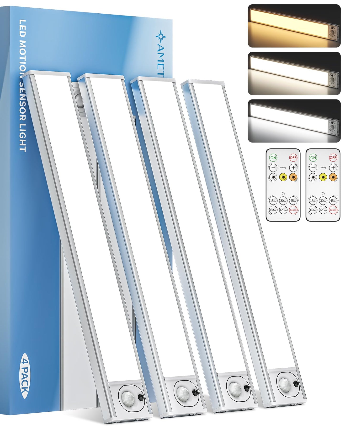 AMETHEUS 12inch Under Cabinet Lighting with Remote, 2400mAh Rechargeable Motion Sensor Light Indoor, Wireless Closet Lights, Dimmable, 3 Color Temps, Magnetic for Kitchen, Stairs (4 Pack)