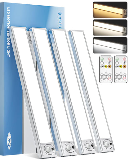 AMETHEUS 12inch Under Cabinet Lighting with Remote, 2400mAh Rechargeable Motion Sensor Light Indoor, Wireless Closet Lights, Dimmable, 3 Color Temps, Magnetic for Kitchen, Stairs (4 Pack)