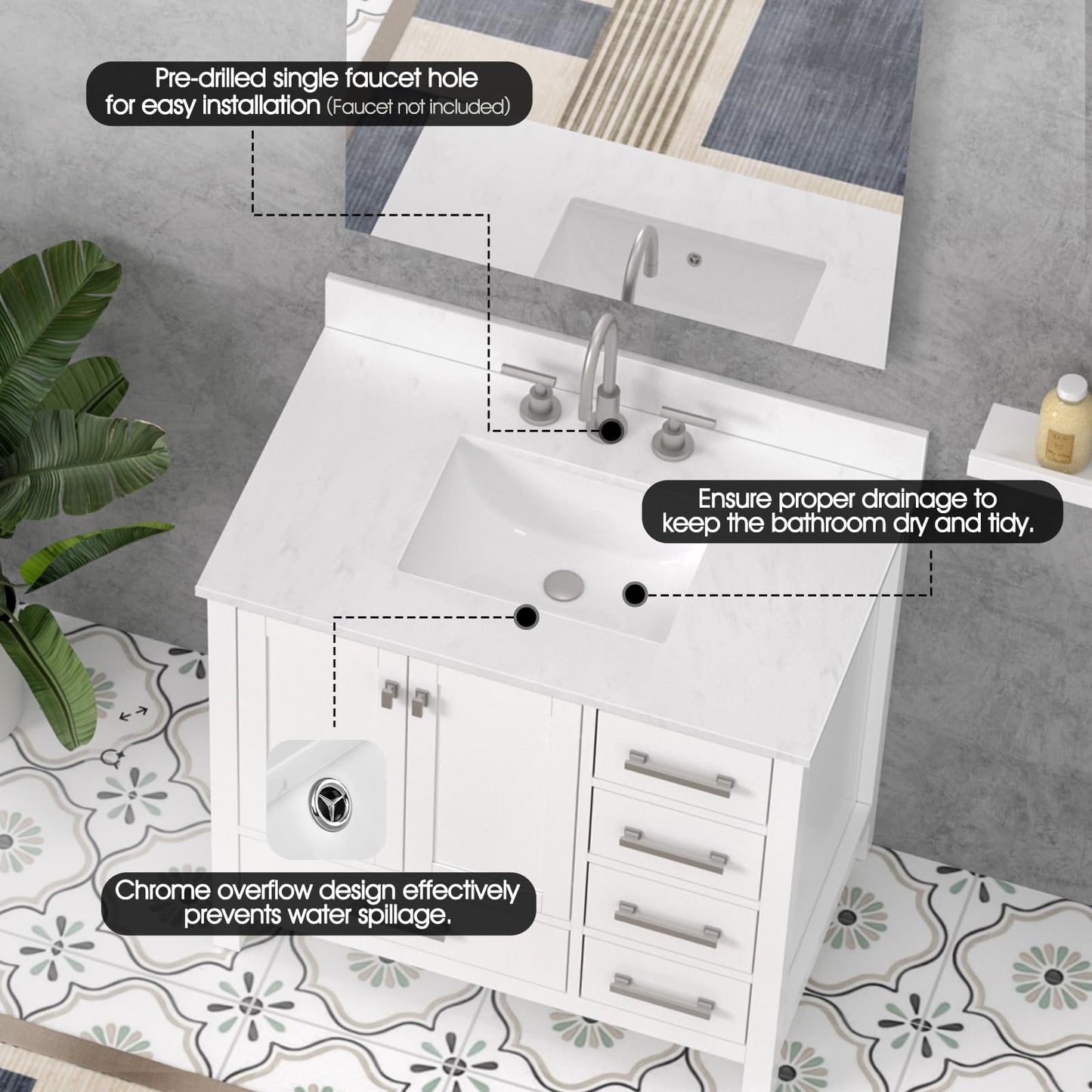 36"x22" Vanity Top with Sink, Quartz Bathroom Vanity Top with Rectangular Undermount Middle Ceramic Sink with 8 Inch Faucet Holes, Spread with One 4" Height Backsplash in Cirrus White