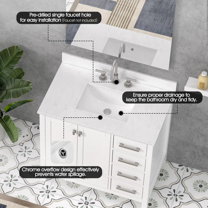 36"x22" Vanity Top with Sink, Quartz Bathroom Vanity Top with Rectangular Undermount Middle Ceramic Sink with 8 Inch Faucet Holes, Spread with One 4" Height Backsplash in Cirrus White