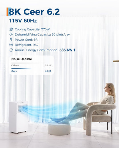 Garvee 8000 BTU Portable Air Conditioner,Up to 350 Sq.Ft. Remote Control 48dB Portable AC Unit, Dehumidifier, Fan, Sleep, 24H Timer&Installation Kit, DOE Certified, Ceer 6.2,White+White Panel