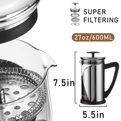 KYZ French Press Coffee Maker, 304 Stainless Steel with 4 Level Filter, 20oz Borosilicate Glass Coffee Press, Heat Resistant, Easy to Clean, 100% BPA Free for Coffee & Tea