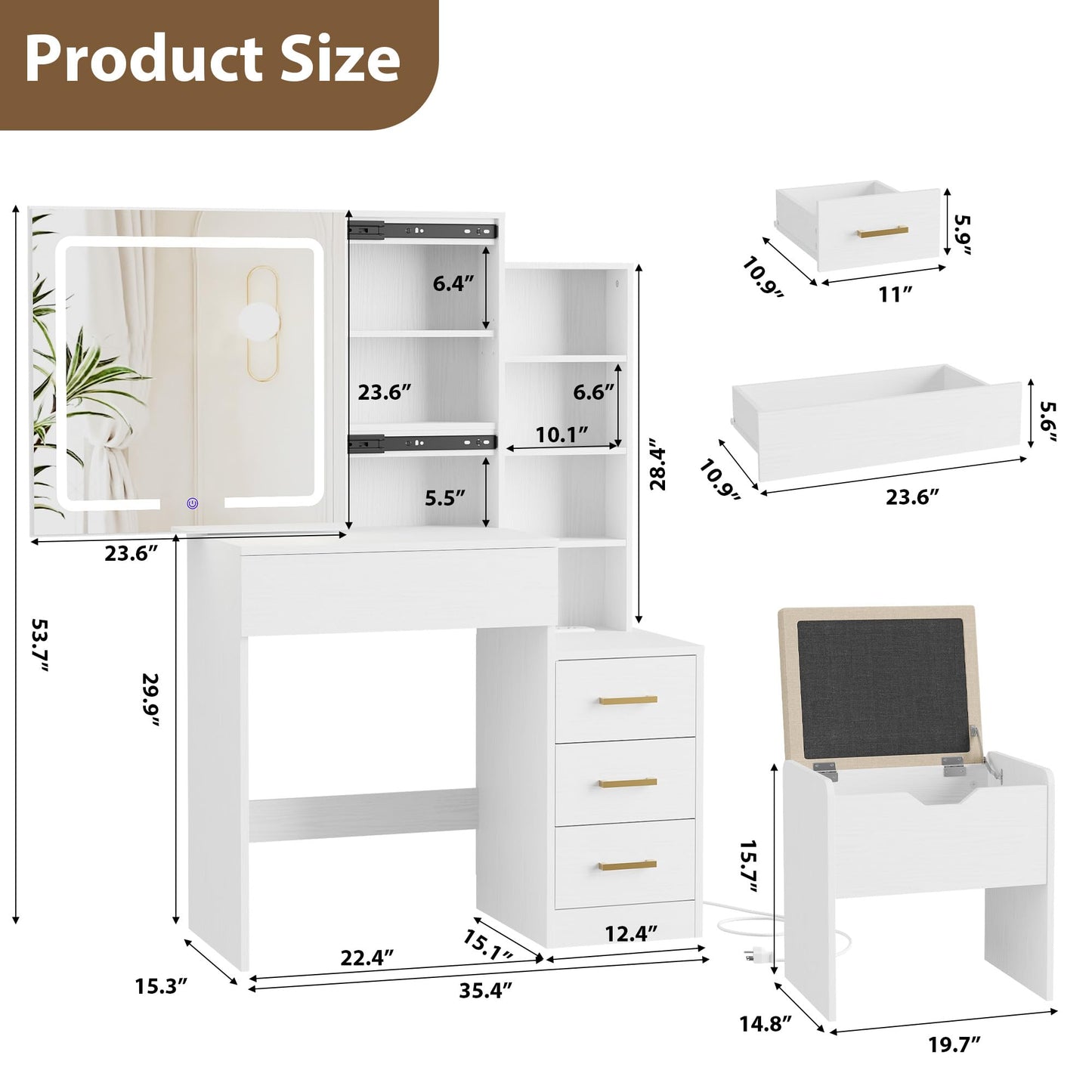 IDEALHOUSE Vanity Desk with Mirror and Lights, Vanity Table and Chair Set with 4 Drawers and Charging Station, Dresser LED Sliding Mirror with 3 Color Modes Adjustable Storage Shelves, White